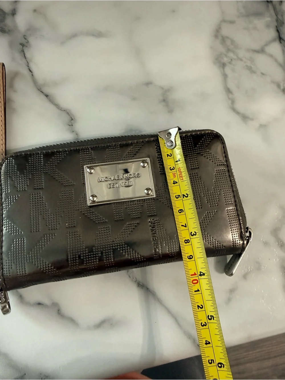 Michael Kors Metallic Brown Logo Zip Wristlet with Beige Strap